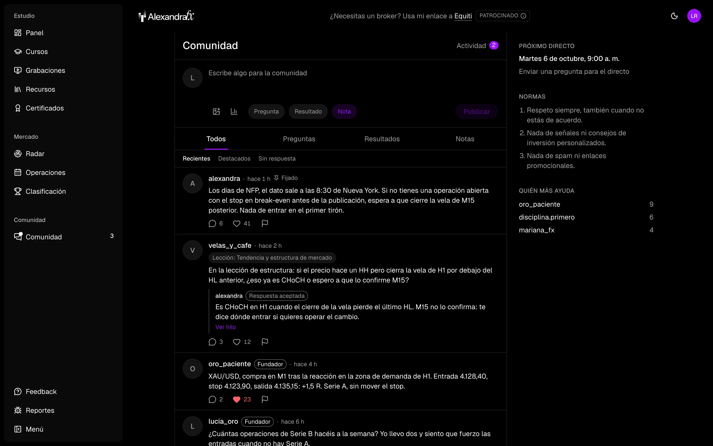 La comunidad de alumnos, con publicaciones, preguntas sobre las lecciones y respuestas.